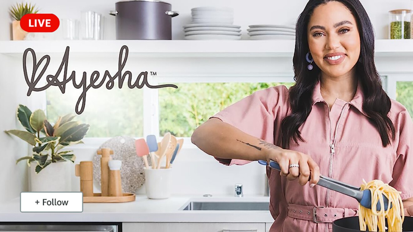 Prime Day 2023 live blog best deals: ad of a livestream from Ayesha, as she uses tongs to lift pasta from a pot in her kitchen.