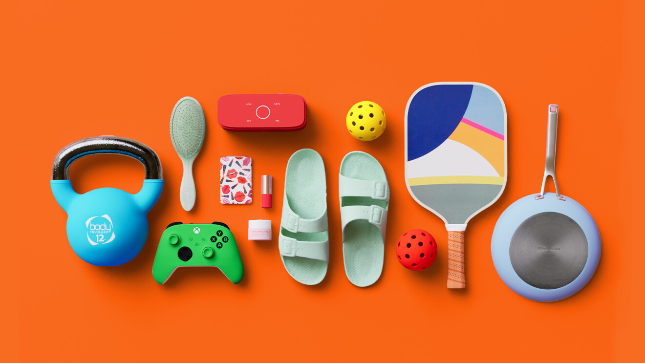 An image of a variety of products against an orange background. The products include a kettle bell, a video game controller, flip flops, and a pickleball paddle.