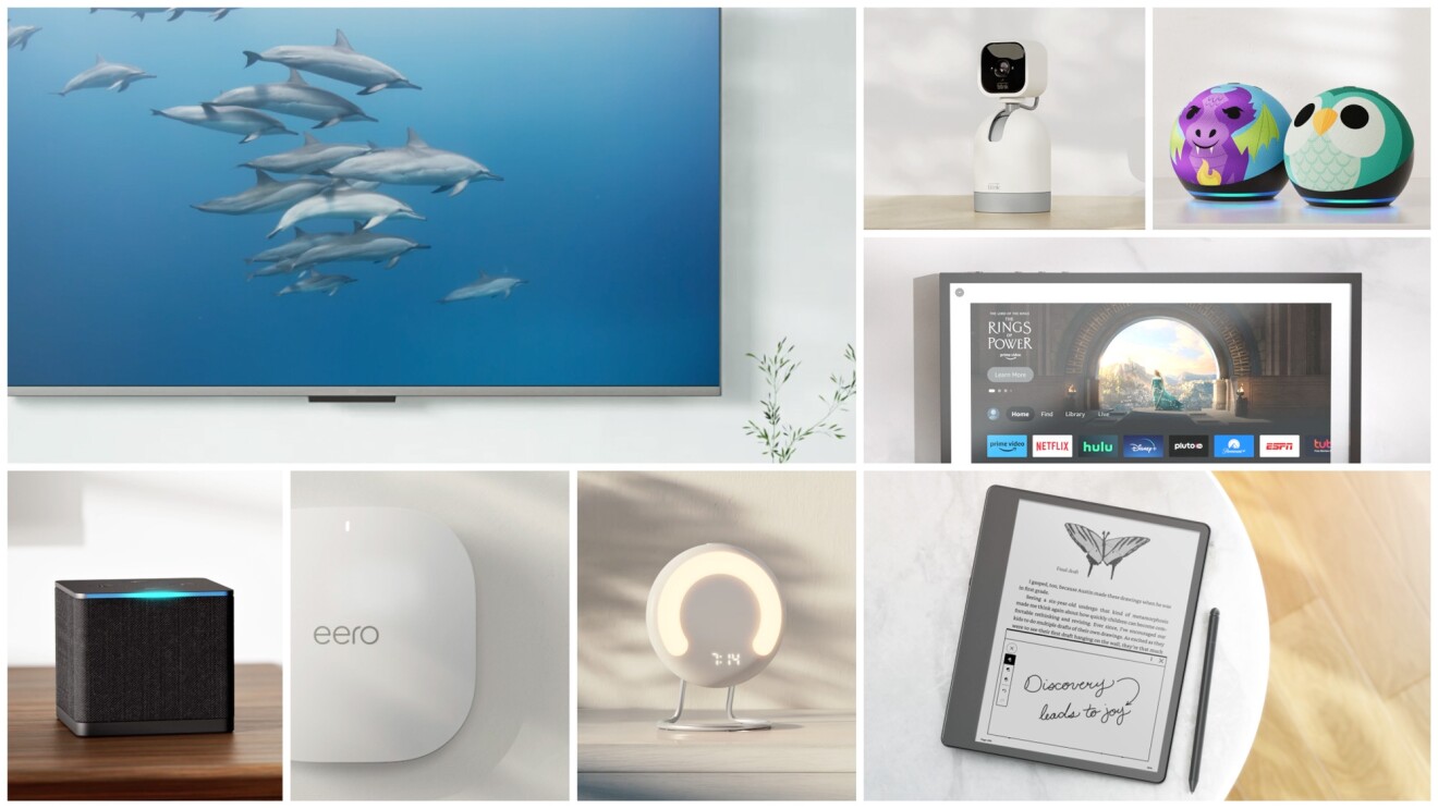 A collage image of photos of several Amazon devices. 