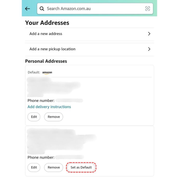 Set as default new address amazon mobile app
