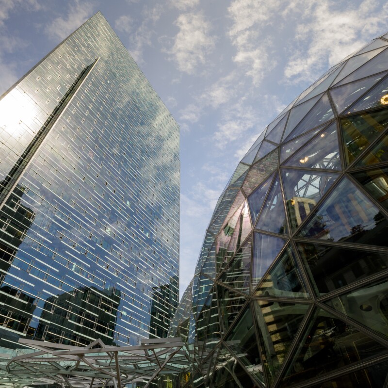 Exterior shot of Amazon's Seattle Campus 2017 building sphere outside.