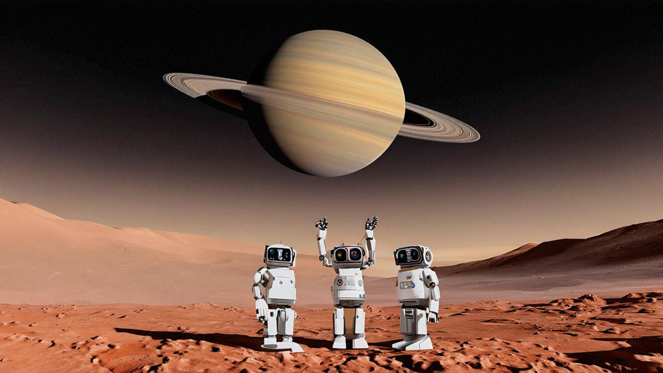 An image generated by Amazon Titan of three very robots waving are looking up toward Saturn.jpg
