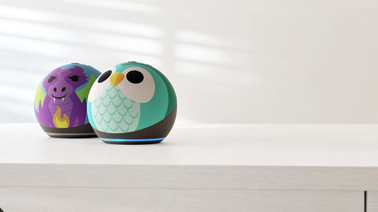 Echo Dot Kids Dragon and Owl editions displayed on a countertop.