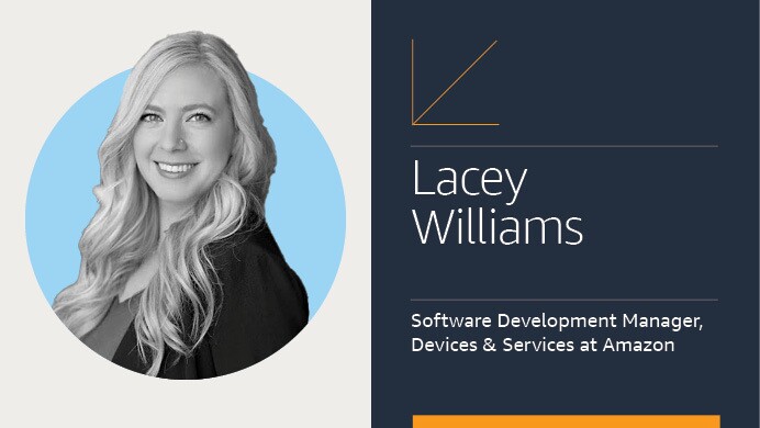 An employee card of Lacey Williams, Software Development Manager, Devices & Services at Amazon.