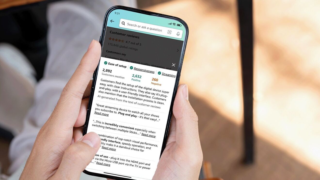 Mobile phone displaying customer review for global setup device