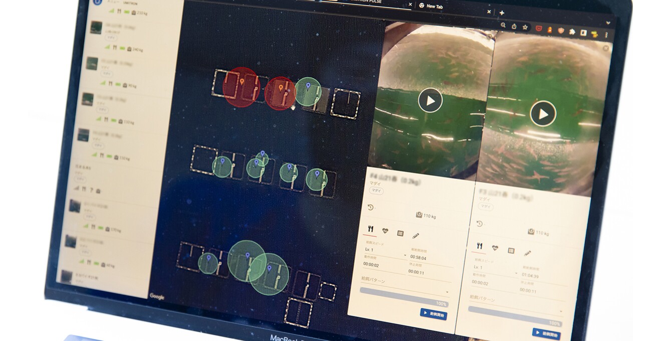 生簀内のカメラの位置と映像を確認できるシステムの画面写真