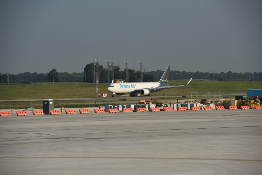 An image of a Prime Air plan pulling into the runway at the Air Hub in Kentucky.