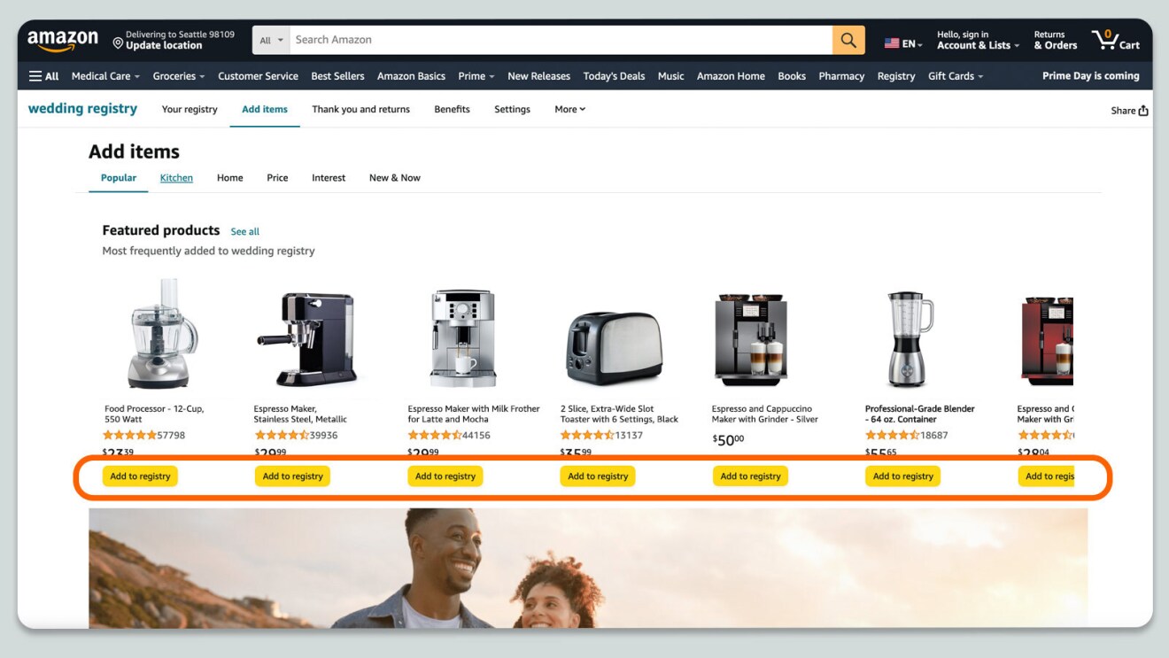 Browser highlighting the ability to add items to your registry page directly