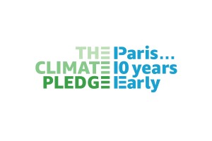 Text on a white background that says "The Climate Pledge, Paris... 10 years early" - a logo to support Amazon's Climate Pledge