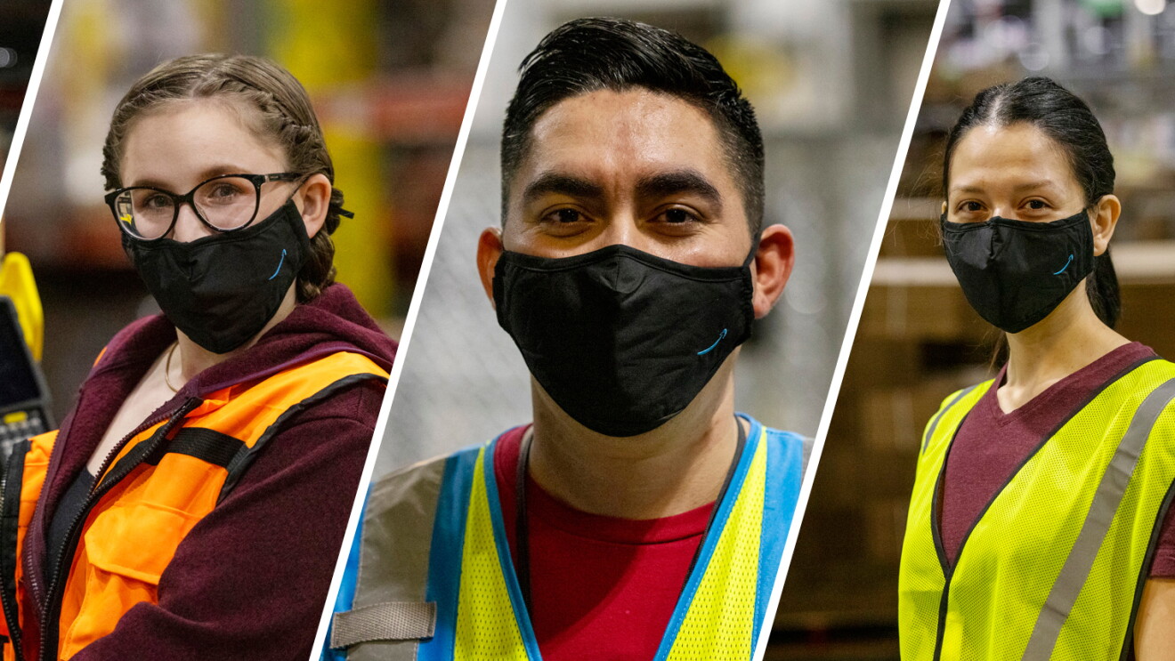 A collage of photos featuring Amazon employees smiling for photos in the Amazon fulfillment centers and offices where they work. Fulfillment center employees are wearing yellow safety vests and masks.