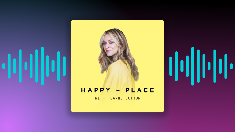 Podcast cover art for 'Happy Place' with host Fearne Cotton against yellow background