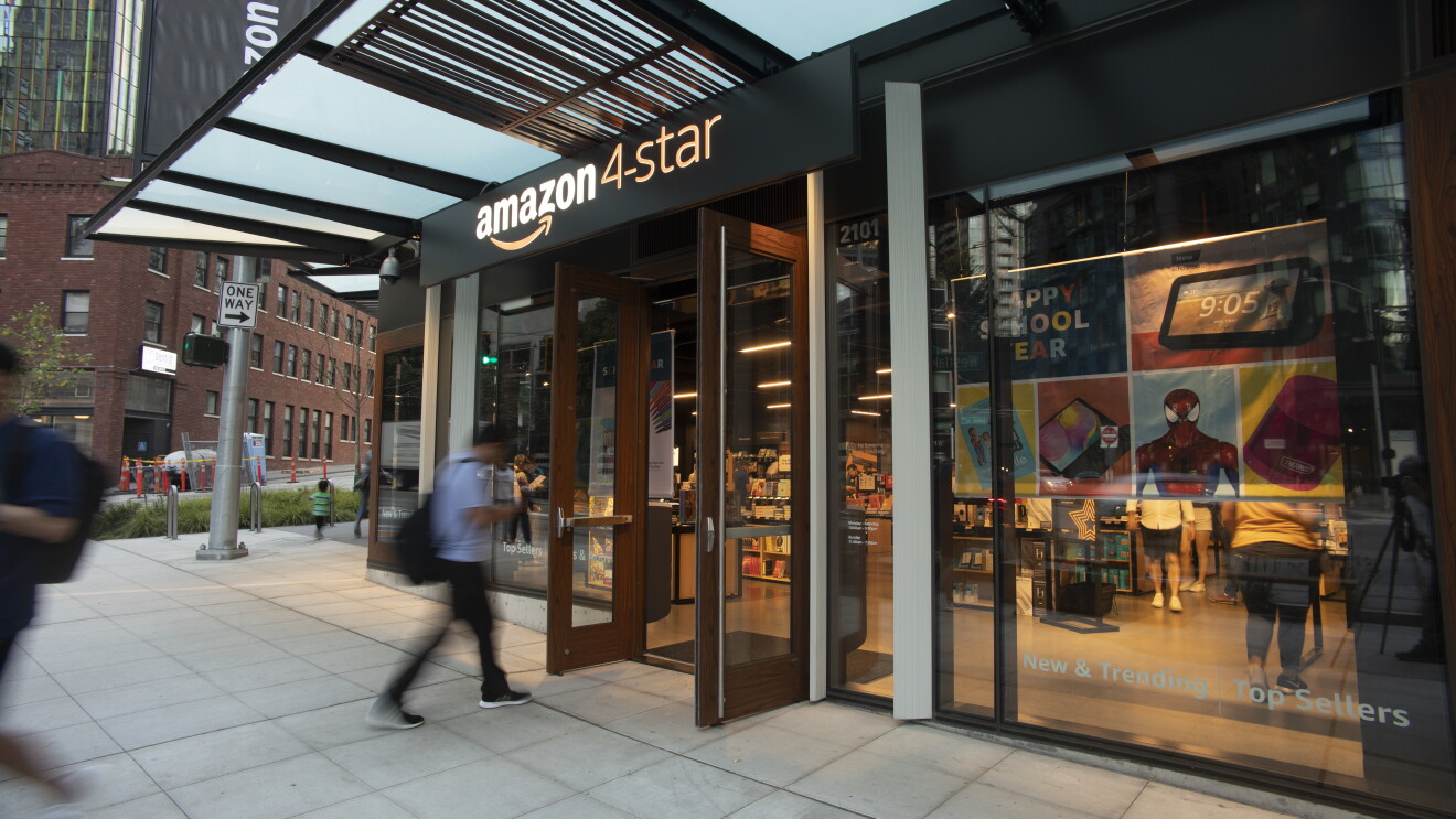 People walking into Amazon 4-star