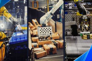 Three Amazon robotic arms used at fulfillment centers.