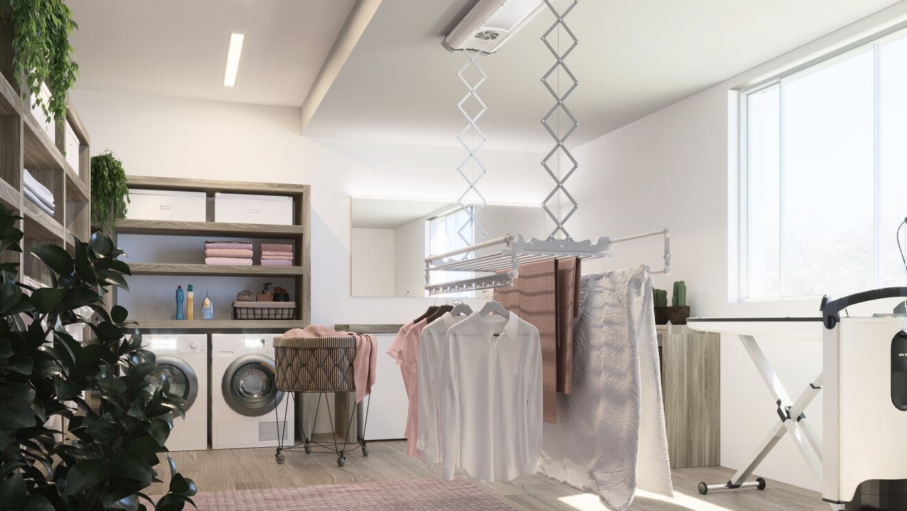 Un render di una lavanderia FoxyDry che pende dal soffitto con alcuni capi di abbigliamento appesi.