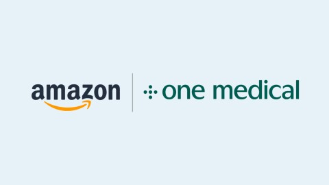 Amazon logo and One Medical logo on a light blue background