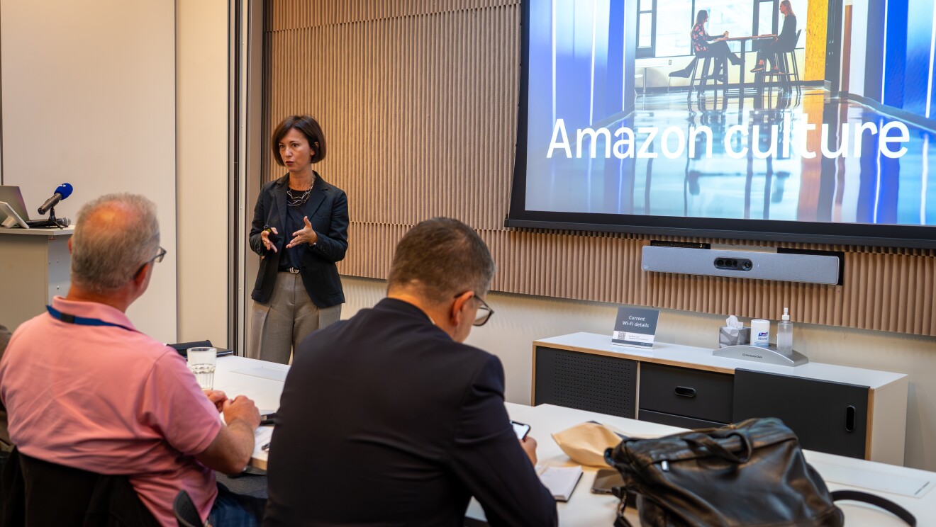 Mariangela Marseglia, VP, EU Stores, presenting data on Amazon's economic impact in Luxembourg  