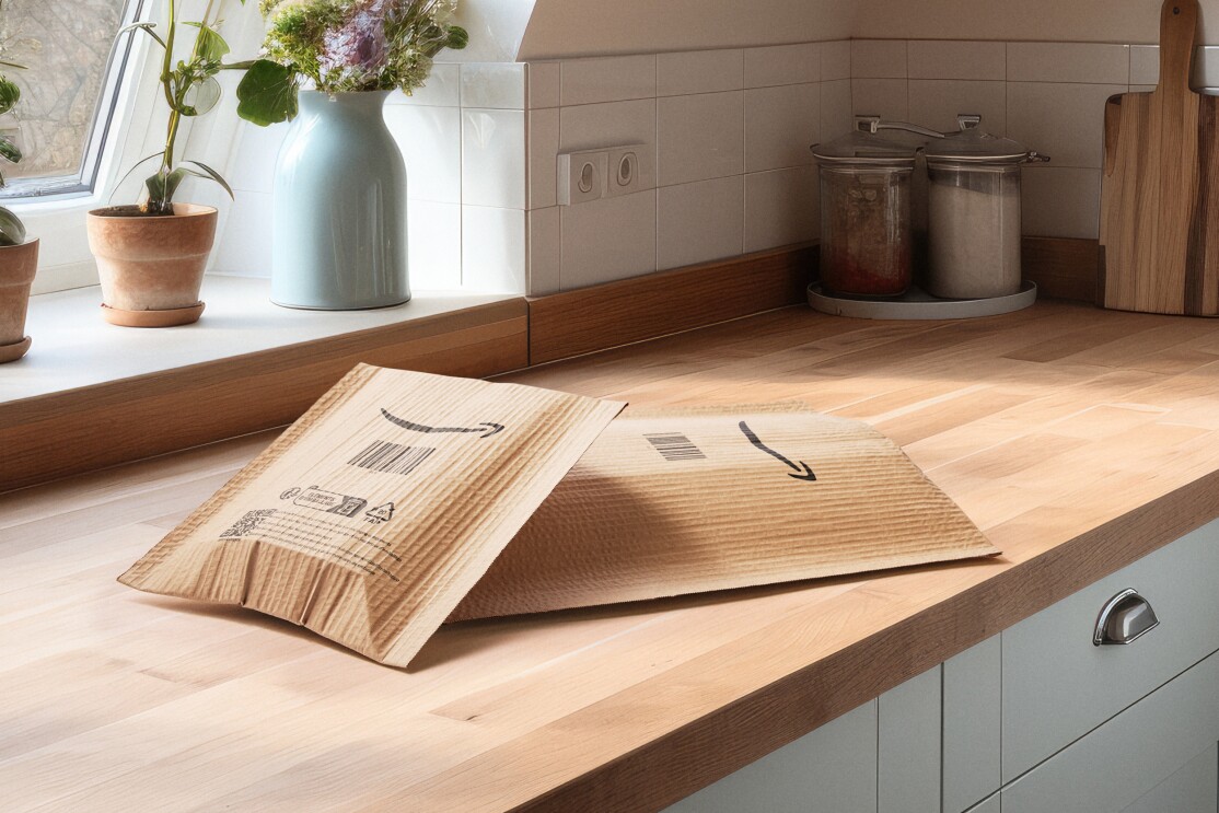 A nice tidy kitchen with a wooden kitchen counter and white walls.