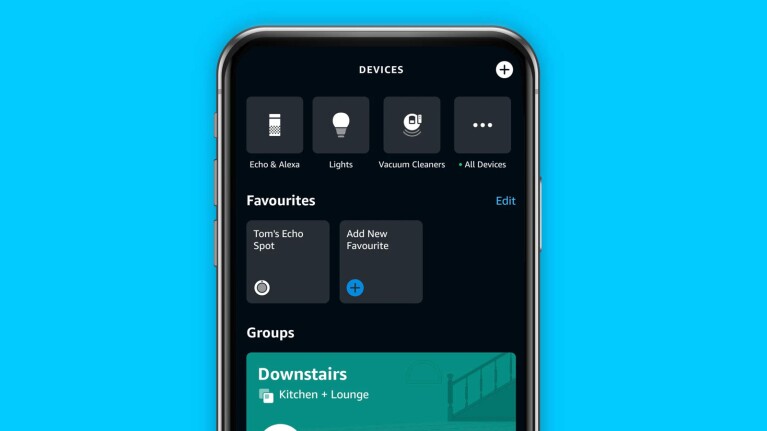 An image of a phone showing the Alexa app homepage with a bright blue background. 