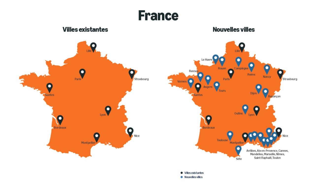 Carte de France comparant les villes existantes aux nouvelles villes