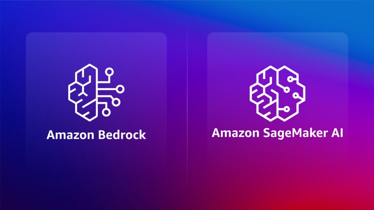 Logos of Amazon Bedrock and Amazon SageMaker AI on vibrant gradient background.
