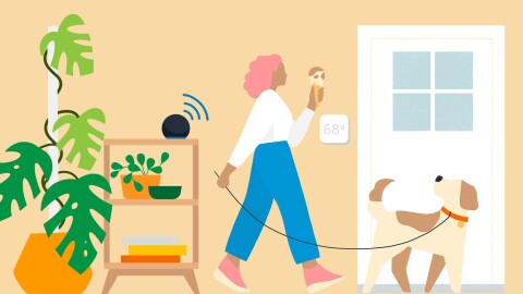 search words in presentations Illustration of a woman walking her dog with an echo and thermostat in the background.