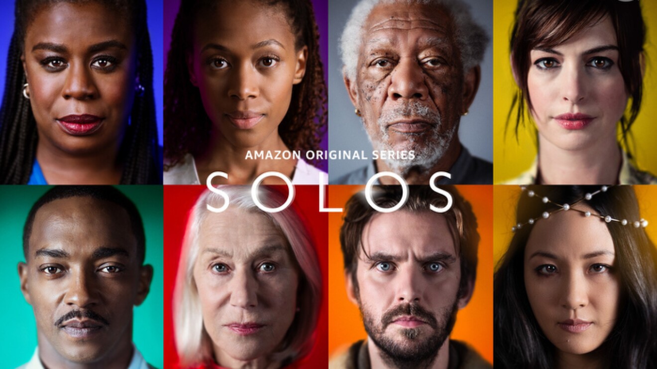 Cover art for the series, SOLOS, featuring headshots of all eight of the actors in the series, each with a different color of backdrop behind them.