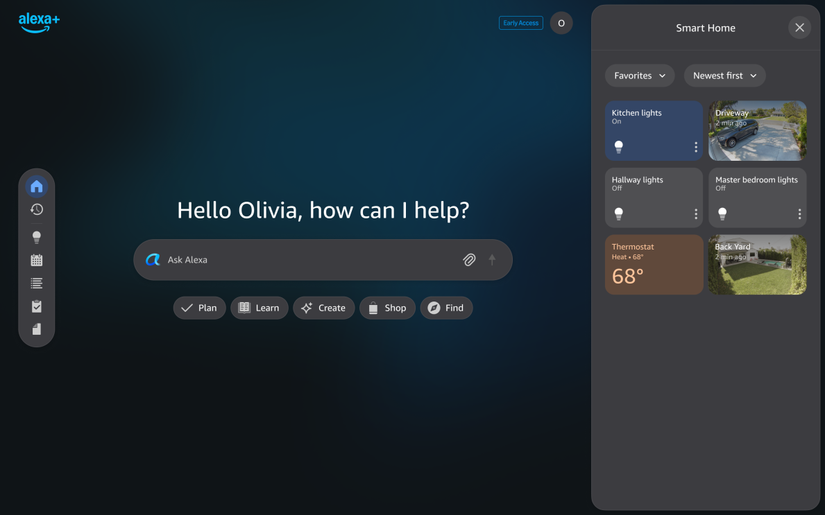 Alexa smart home dashboard showing Alexa, temperature, and lighting controls