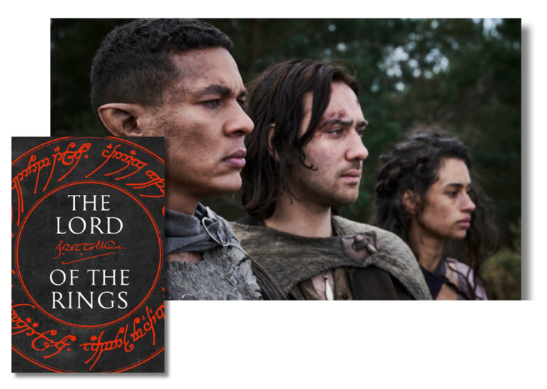 Front cover of The Lord of the Rings and en episode still from The Lord of the Rings: The Rings of Power showing three elves