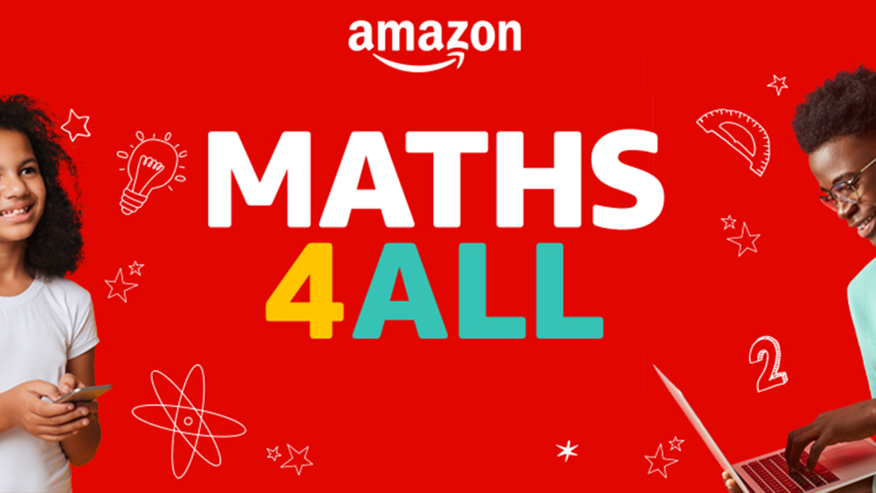 Red banner with children playing with electronic gadgets and the text Maths4All