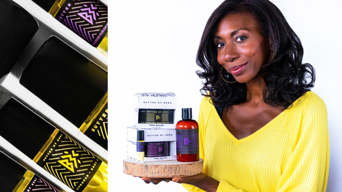 创始人/首席执行官劳埃德的照片马卡贝Keba黄油,着几个黄油Keba产品,旁边的另一张照片的黄油Keba奢侈香水油。