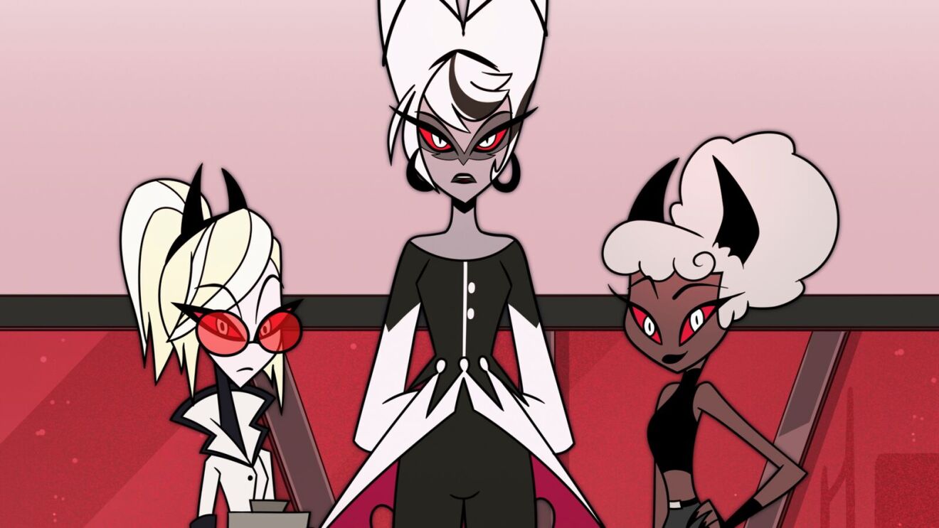 Hazbin Hotel: Three stylized cartoon villainesses in black and white outfits with red accents