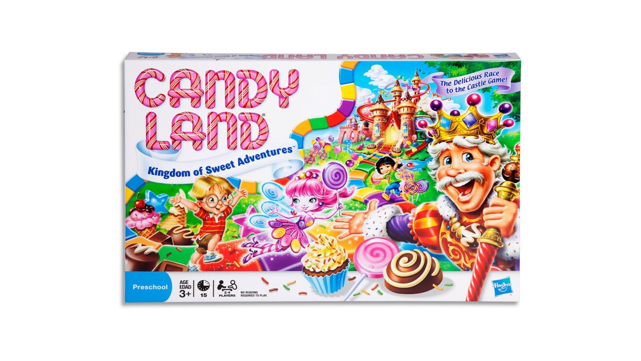 An image of the boardgame, Candy Land, with the name of the game at the top left and various illustrations of candy and sweets to the right.