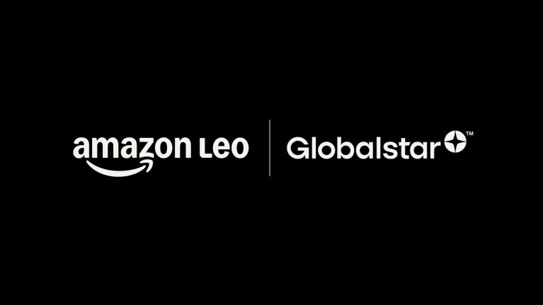 The Amazon Leo logo side-by-side the Globalstar logo, on a black background.