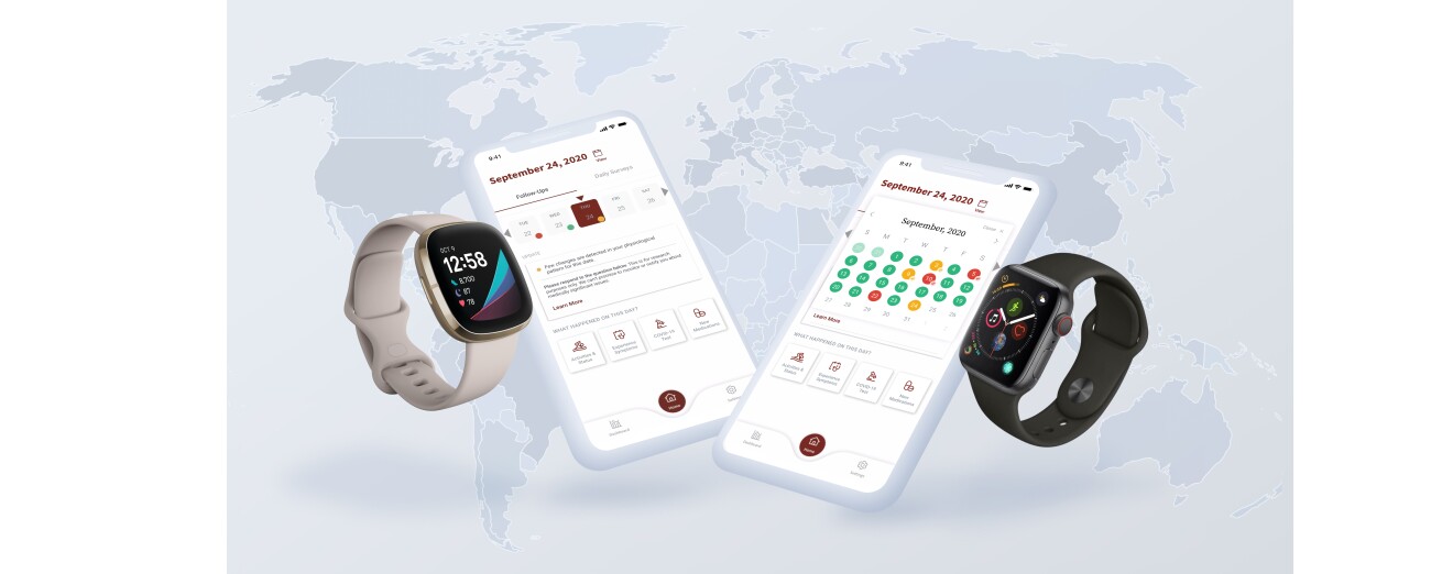 A map of the word in the background with two iPhones showing the MyPHD app and two smartwatches alongside the iPhones.