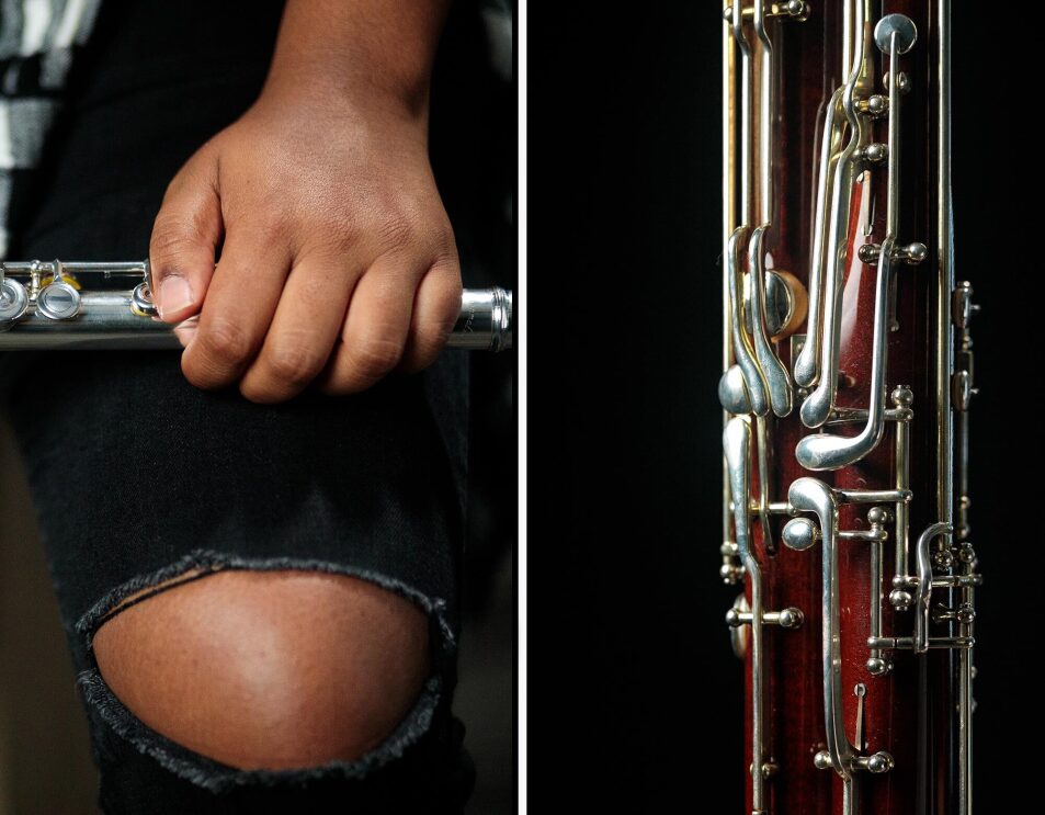 Side-by-side images of close-ups of musical instruments. On the left, a flautist holds her instrument. On the right, a bassoon.