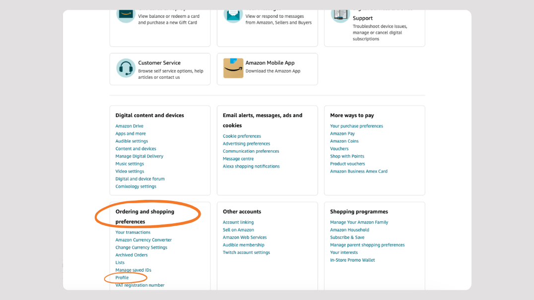 Desktop showing ordering and shopping preferences on the Amazon retail site