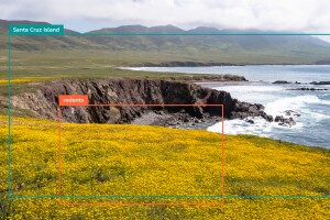 A photo of Santa Cruz Island, CA, with illustrations of camera trap screen shots.