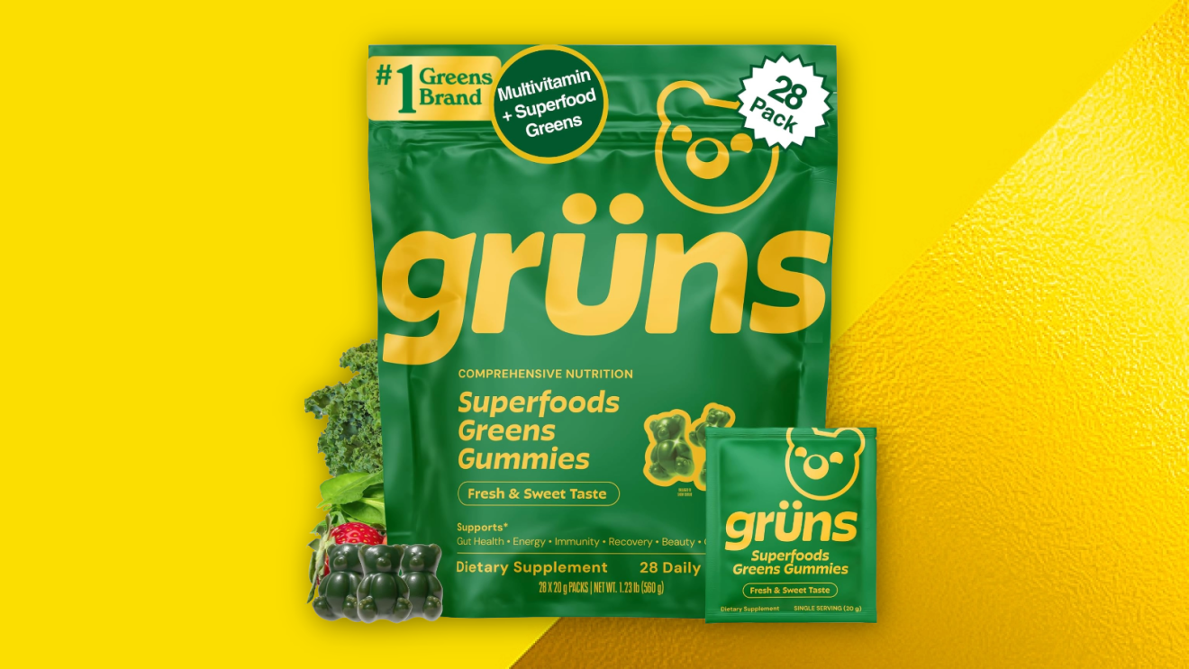Grüns Superfoods Greens Gummies package in green with gold text, showing 2-pack and fresh sweet taste claim