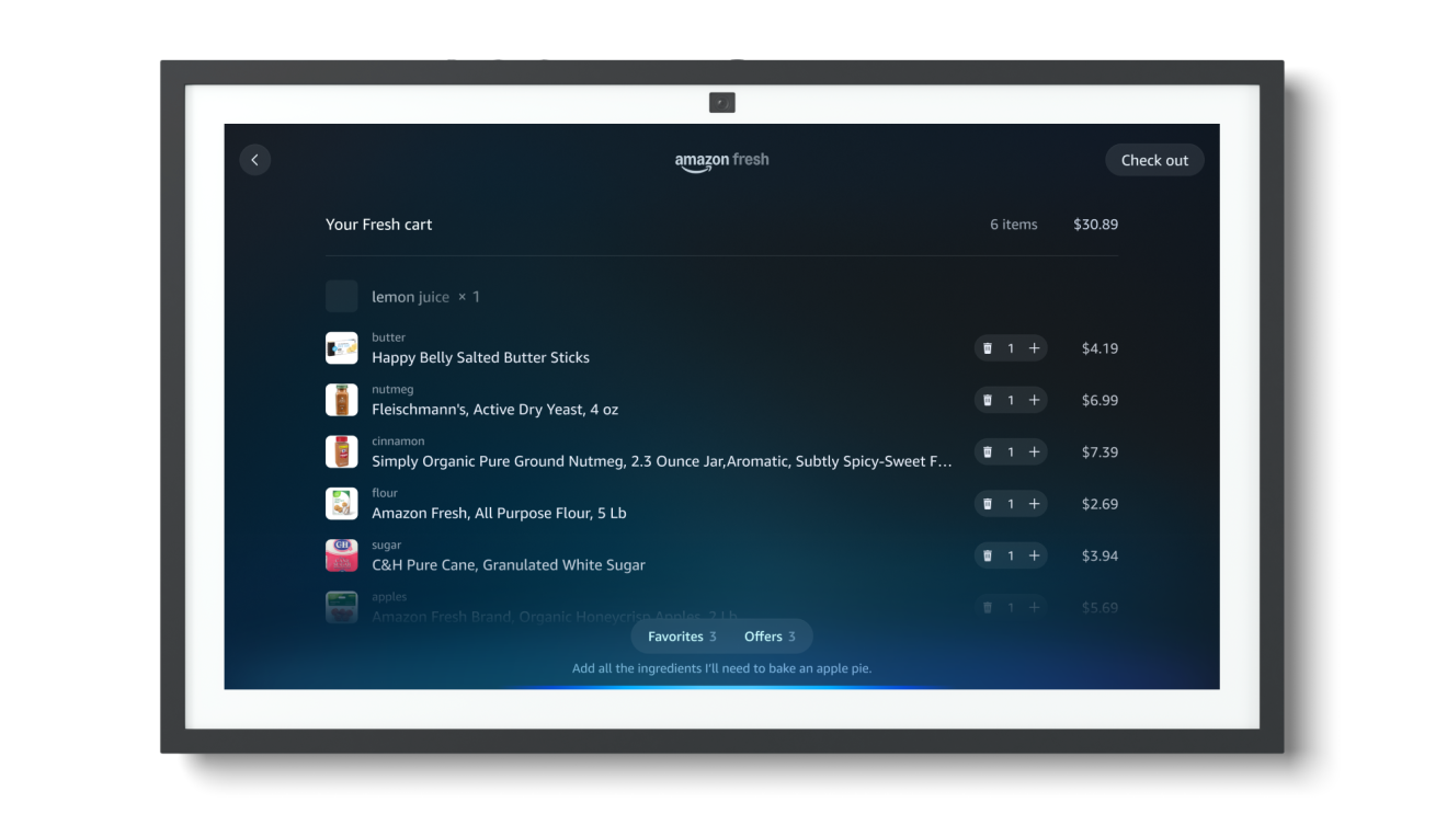 A grocery list being curated for an Amazon Fresh order on an Echo Show.