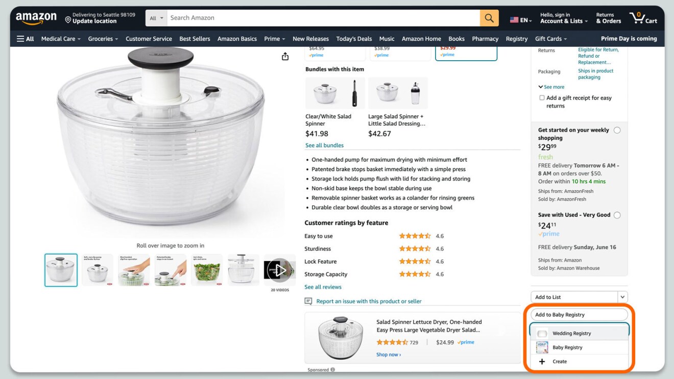 Browser opened to Amazon.com highlighting where to add an item into a Wedding Registry