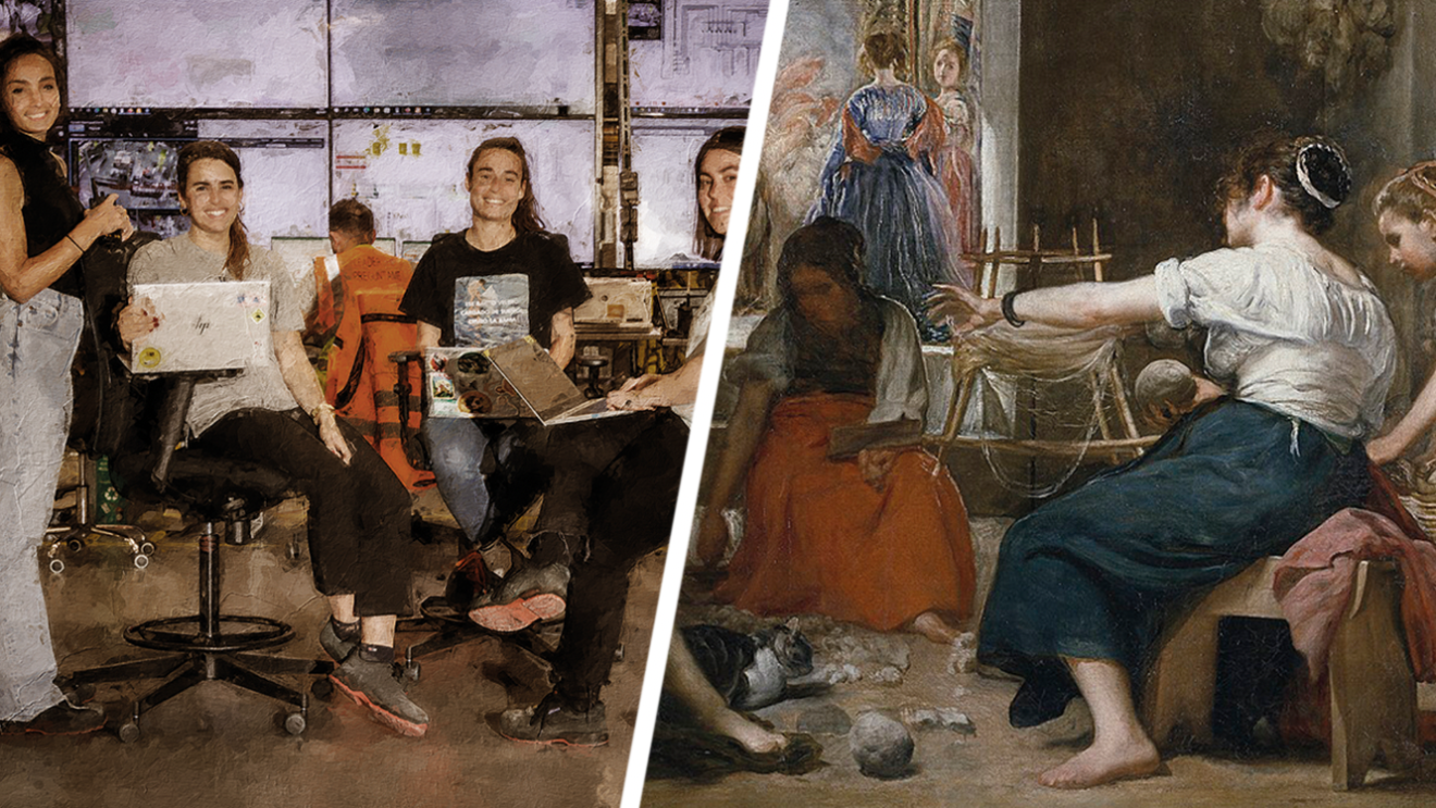 Fotomontaje con La pintura de Diego Velázquez Las hilanderas o la fábula de Aracne y otra foto con efecto cuadro de  mujeres ingenieras de Amazon. La obra de Velázquez está envuelta en una doble retórica de misticismo mitológico. Representa una escena típica de producción textil de la época barroca. Escenifica la concentración y la dedicación del trabajo manual y preciso de los detalles. Empodera la figura de la mujer olvidada y encerrada en los talleres de costura. La representación de la diosa Atenea sugiere el afán por la formación, la superación, la competitividad y el progreso. La foto de las mujeres ingenieras tiene un fondo lleno de pantallas de televisión en el que se ven cámaras y planos pero sin verse de forma definida. En primer plano aparecen cinco mujeres sonriendo y mirando a cámara. Tres de ellas están sentadas con un ordenador y dos de ellas están de pie. 