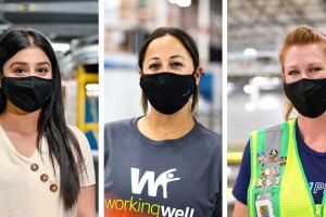 A collage of three, female Amazon employees smiling for individual portraits inside the fulfillment centers where they work. All three women are wearing black face masks with the Amazon logo on them. 