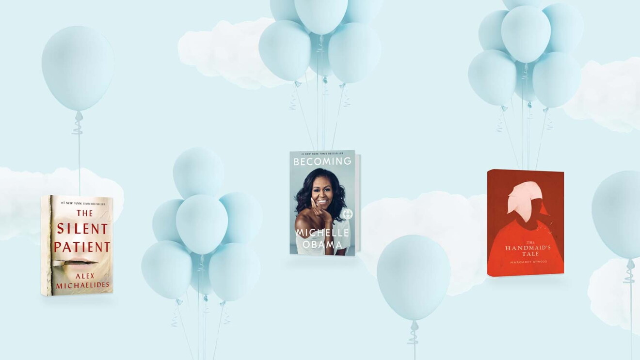 A designed image showing light blue balloons against a clouds-on-blue backdrop. Three books appear in the image - The Silent Patient, Becoming, and The Handmaid's Tale. 