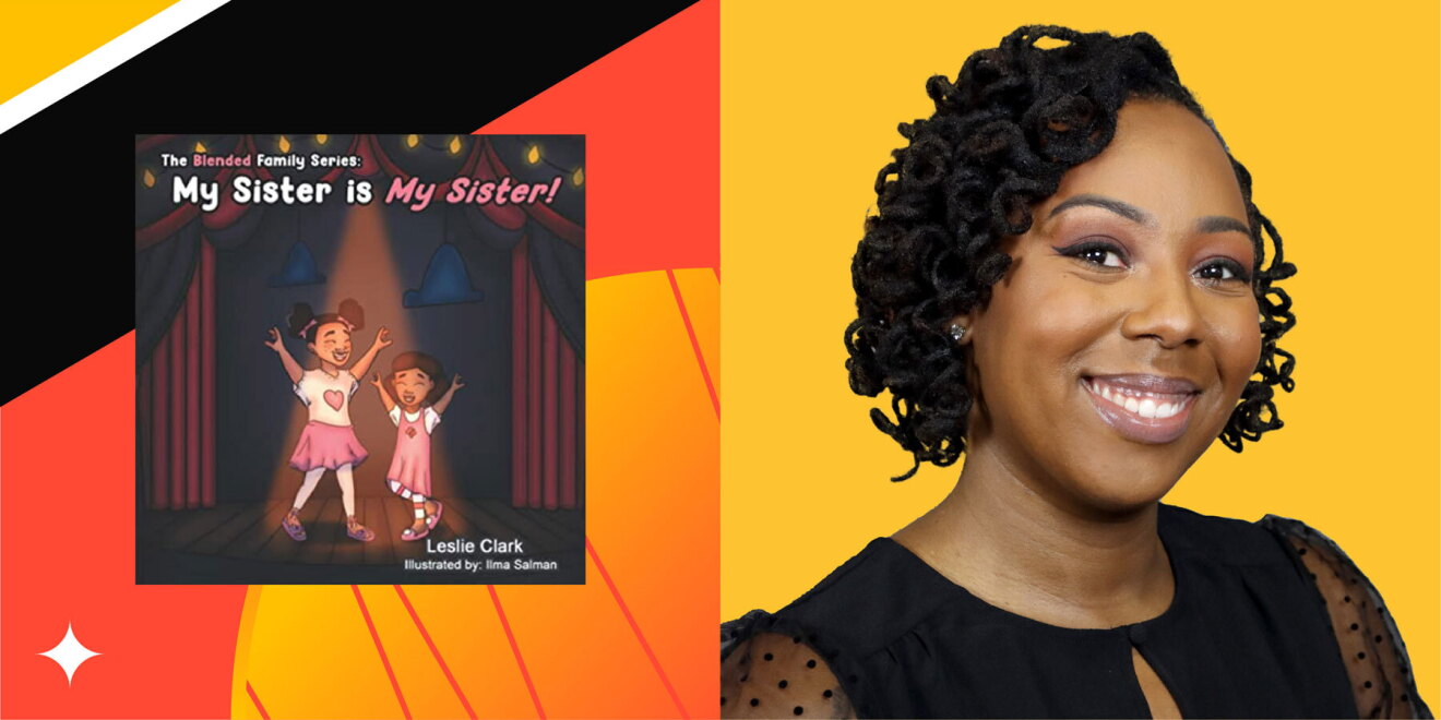 An image of a book cover on the left and a headshot of Leslie Clark on the right with a colorful background.
