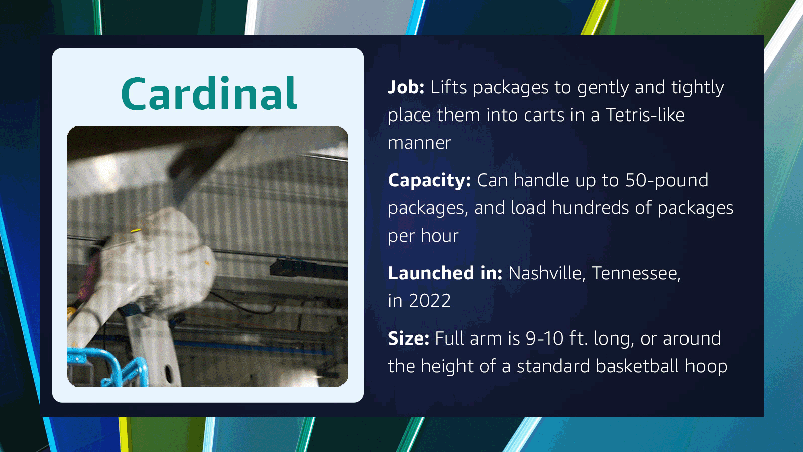 Infographics of Amazon robots and statistics about the robot's job function, origin and size.