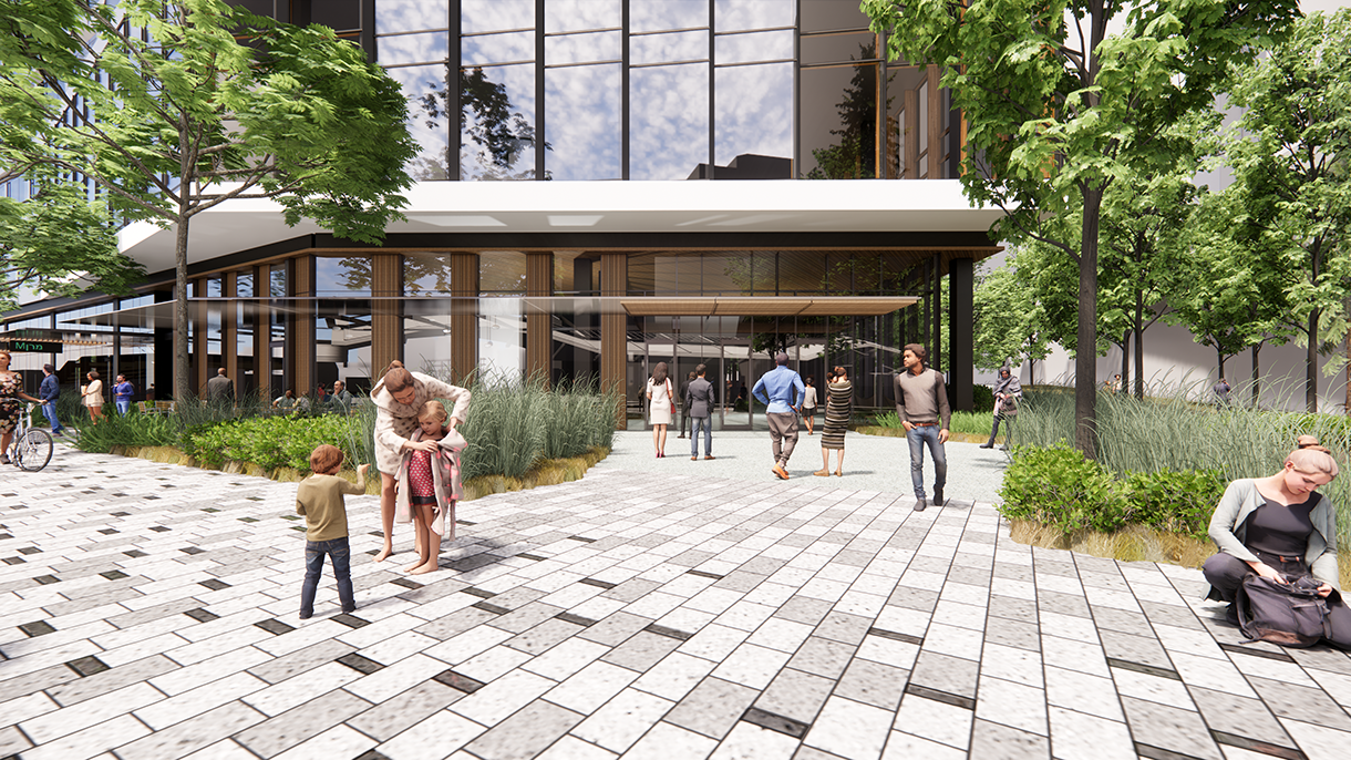 Architectural renderings of Amazon's new Bellevue 600 site. A woman helps her daughter into a jacket, while her son stands nearby. People wander in and out of the building entrances. 