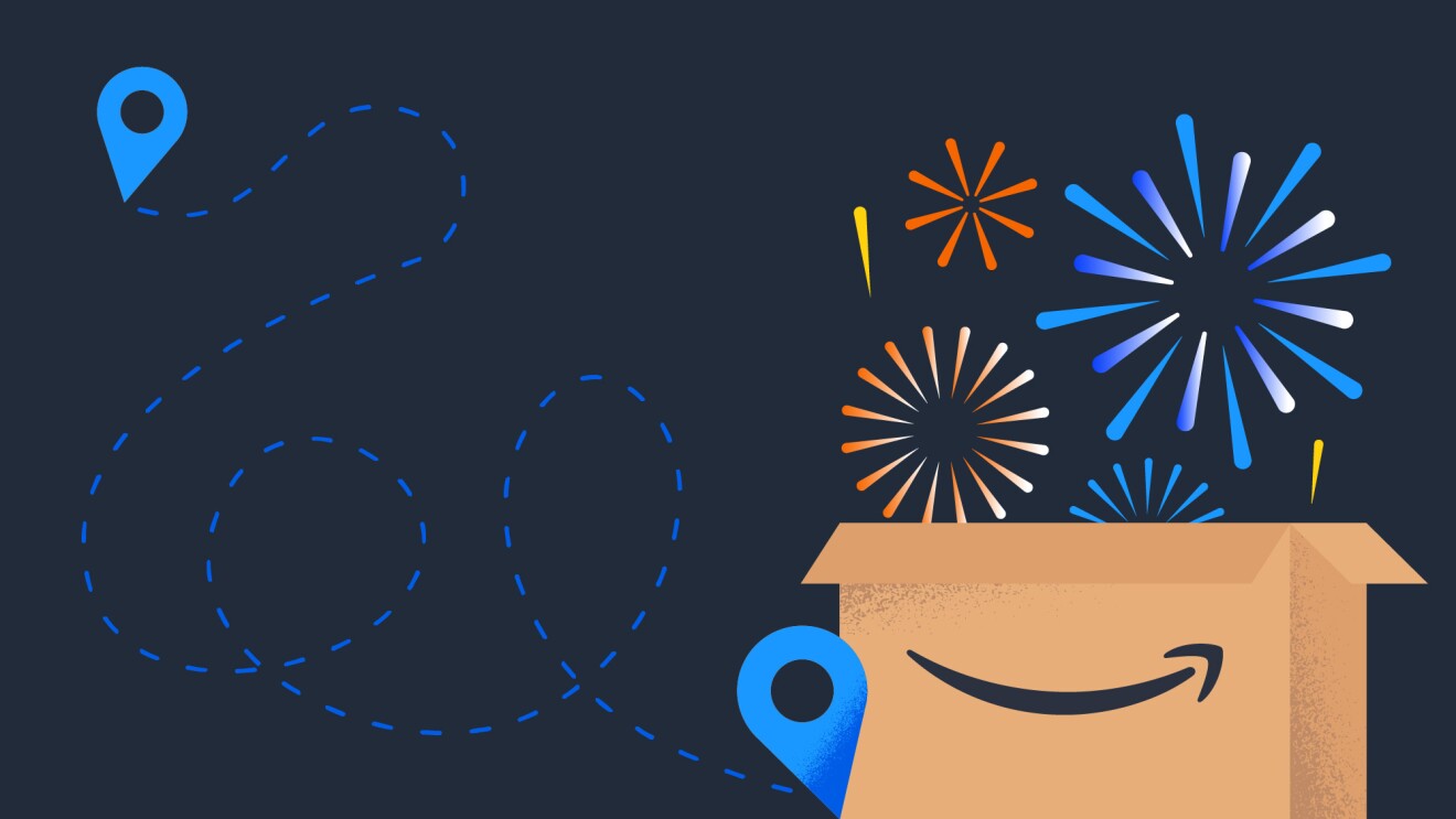 Scatola Amazon con fuochi d'artificio che esplodono, collegata da una linea tratteggiata ai pin di localizzazione