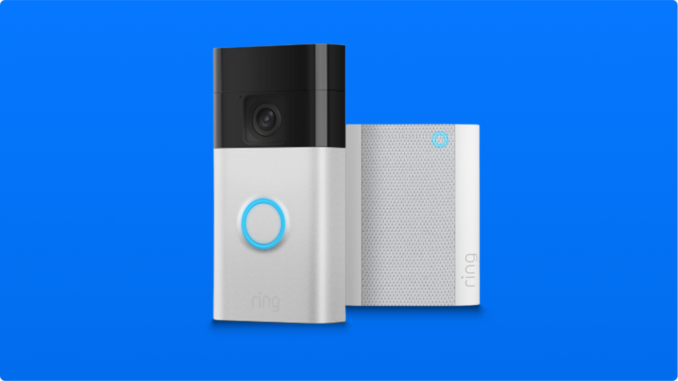 Ring video doorbell and chime on blue background