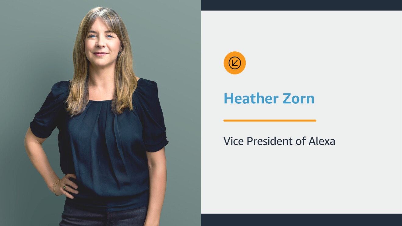 An info card with an image of Heather Zorn on the left and text on the right that reads "Heather Zorn Vice President of Alexa."