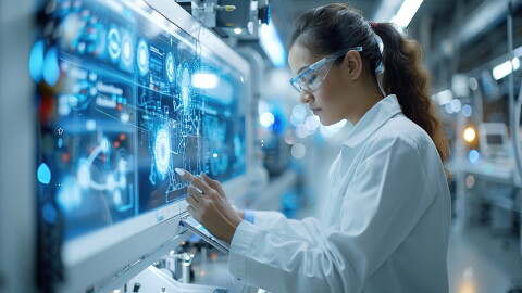 A woman in a lab coat and glasses tapping on a computer screen